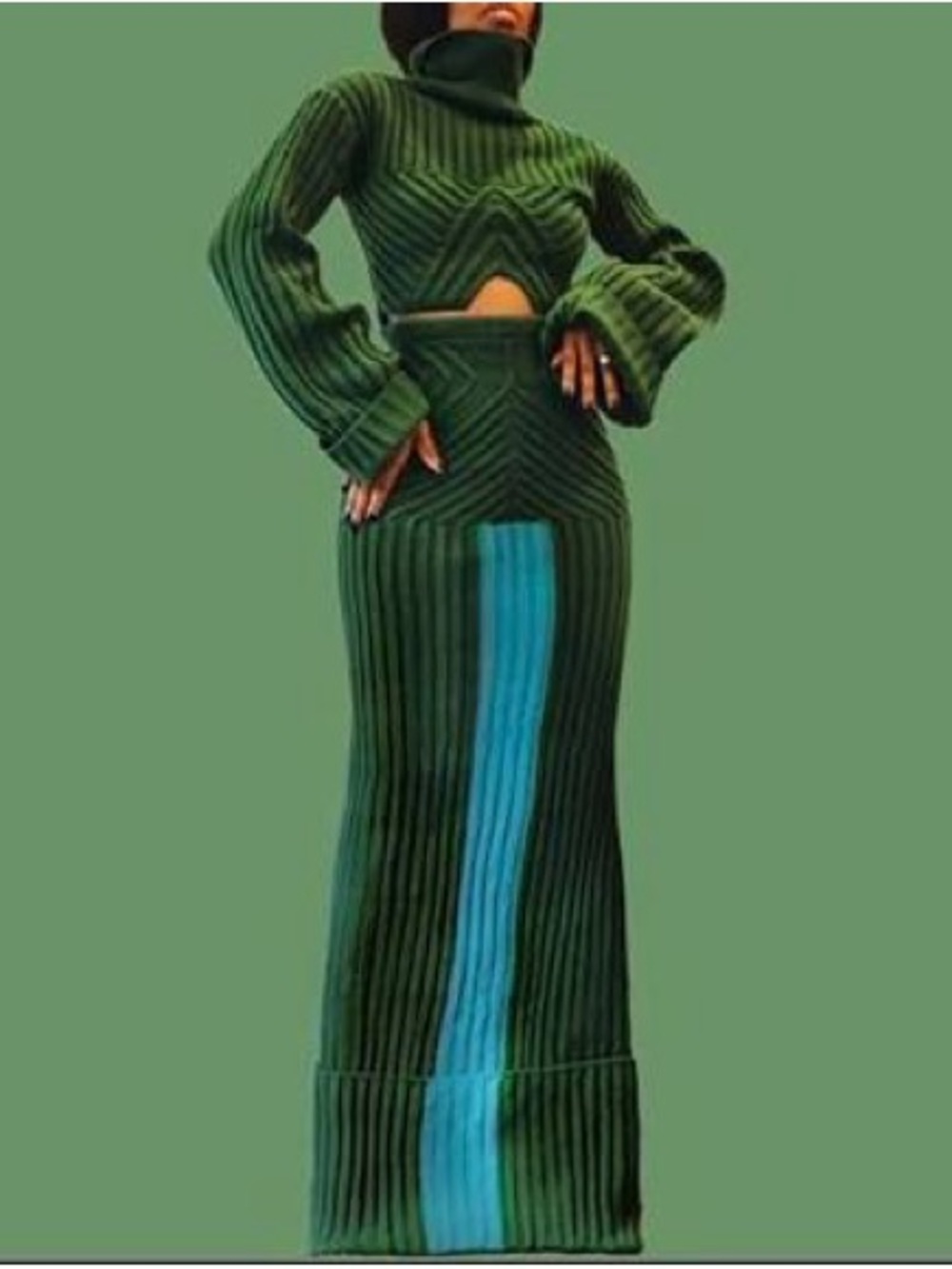 Hanifa Women’s Green Ribbed knitted Maxi Skirt new size s